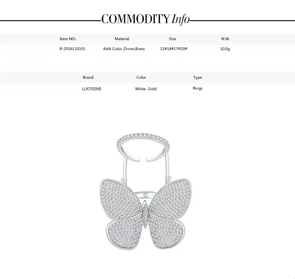 LUOTEEMI High Quality Fashionable Unique Adjustable Ring Micro Paved Shining CZ Movable Butterfly Shape Jewelry for Party Gift 20