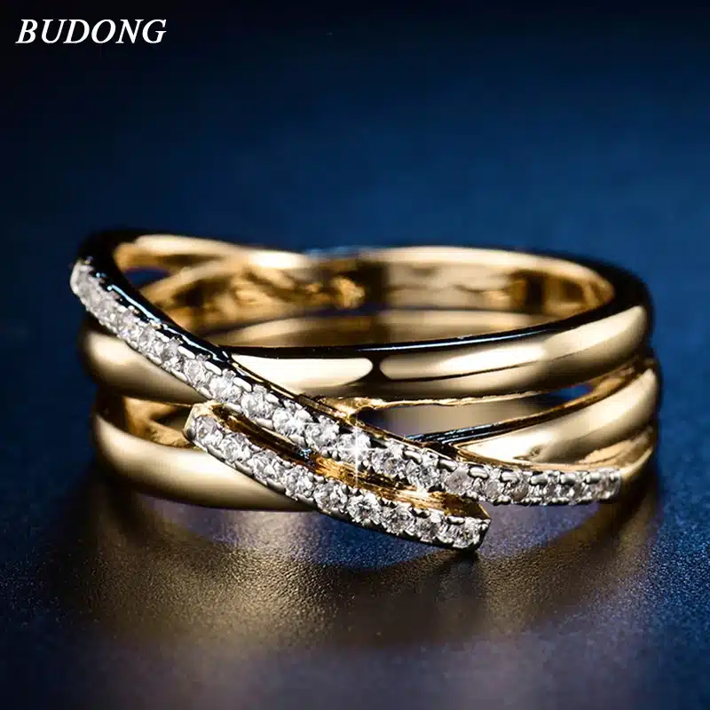 BUDONG Top New Antique Mosaic AAA Zircon Crystal Vintage Gold-Color Cross Ring Women Wedding Finger Luxury Bijoux XUR580 16