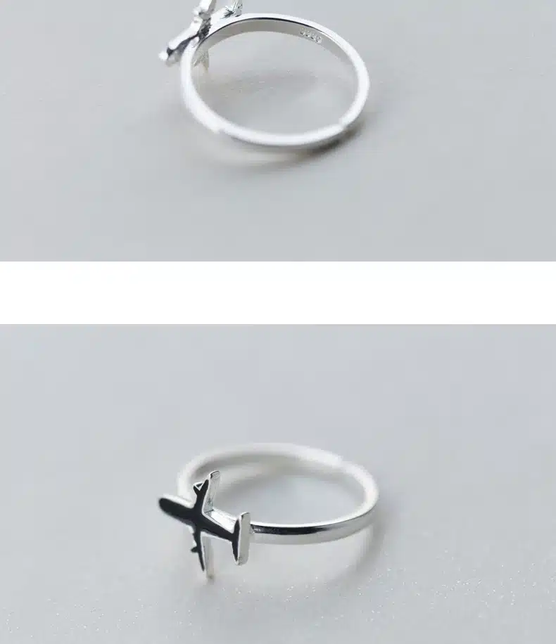 TOYOOSKY s925 Sterling Silver Simple Black Color Airplane Ring Jewelry Opening Adjustable for Women Gifts Gift Finger Rings 10