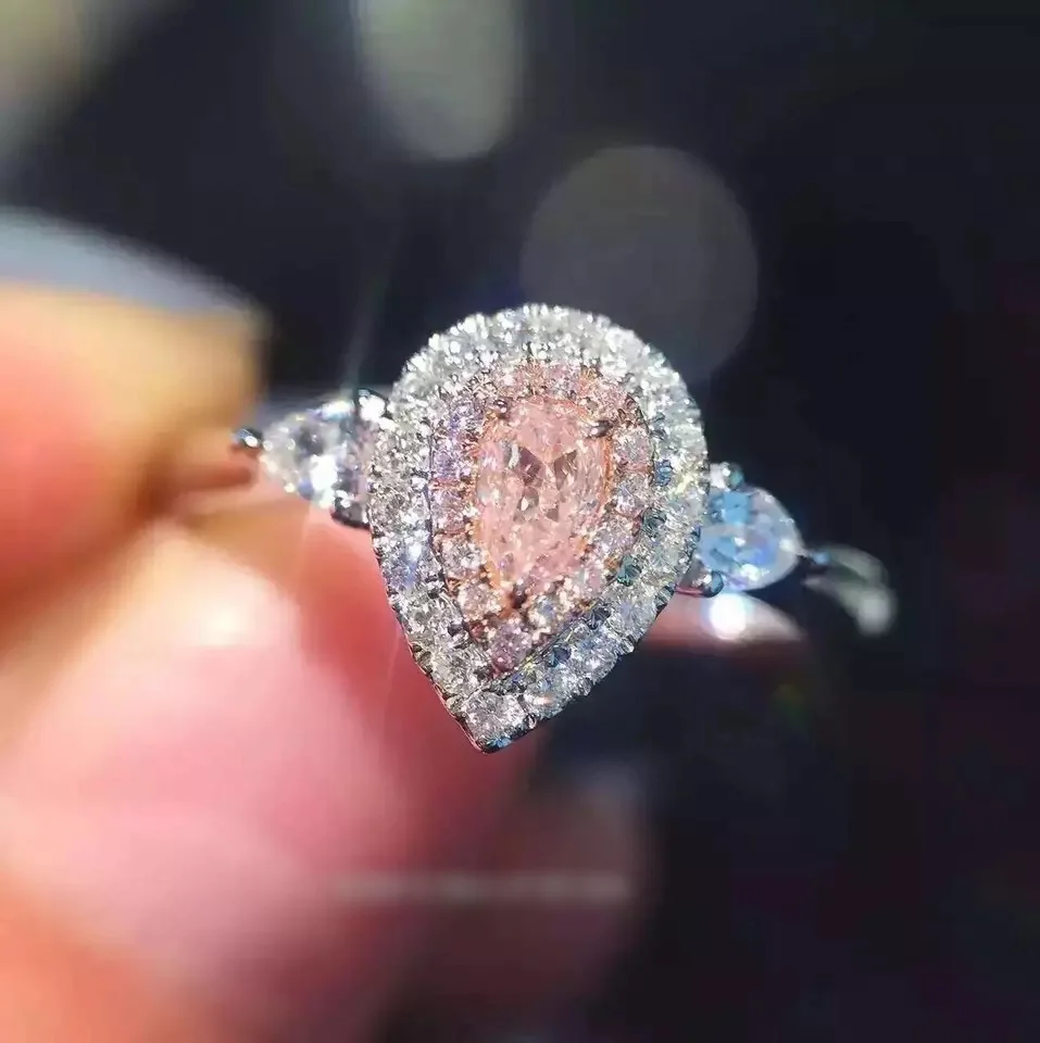 925 sterling silver rings water drop pink color 6mm Cubic Zircon wedding rings for women bague femme fashion jewelry anillos 14