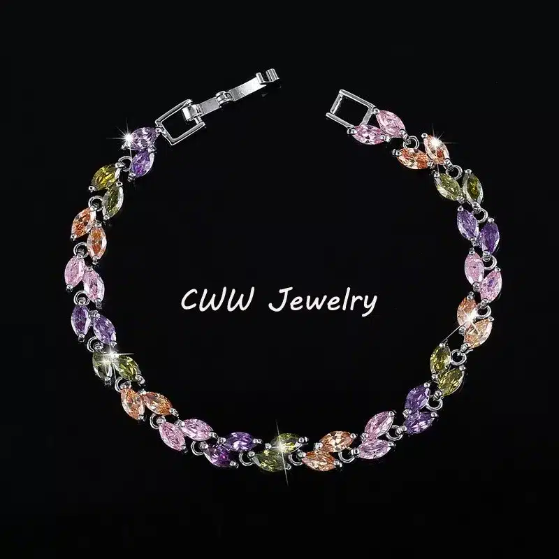 CWWZircons New Trendy 2018 Cubic Zirconia Jewelry Silver Color Leaf Charm CZ Crystal Female Bracelets Bangles For Women CB060 25