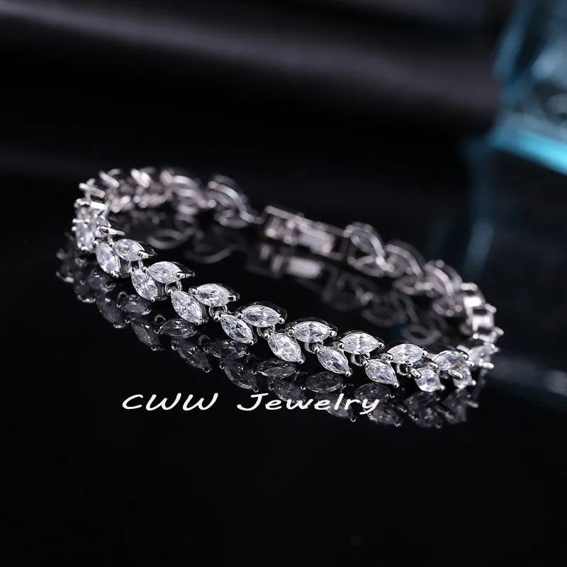 CWWZircons New Trendy 2018 Cubic Zirconia Jewelry Silver Color Leaf Charm CZ Crystal Female Bracelets Bangles For Women CB060 28
