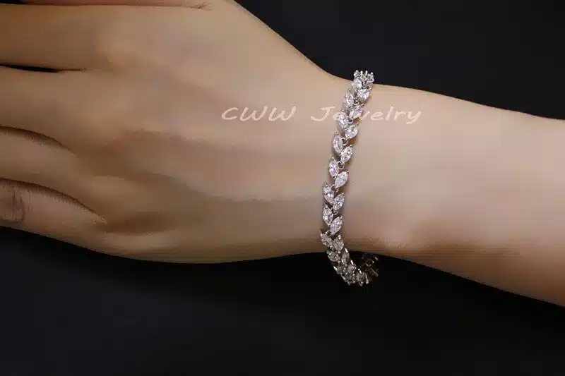 CWWZircons New Trendy 2018 Cubic Zirconia Jewelry Silver Color Leaf Charm CZ Crystal Female Bracelets Bangles For Women CB060 34