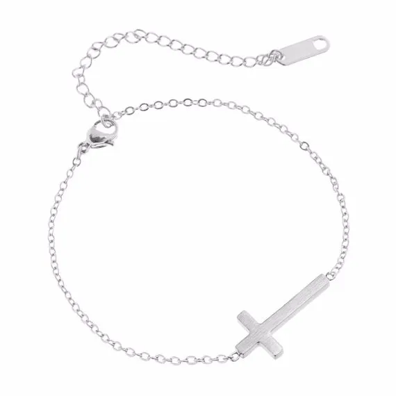 Jesus Christian Womens Mens Horizontal Sideways Cross Bracelets Silver Religious Trendy Stainless Steel Chain Bracelet Lucky 30