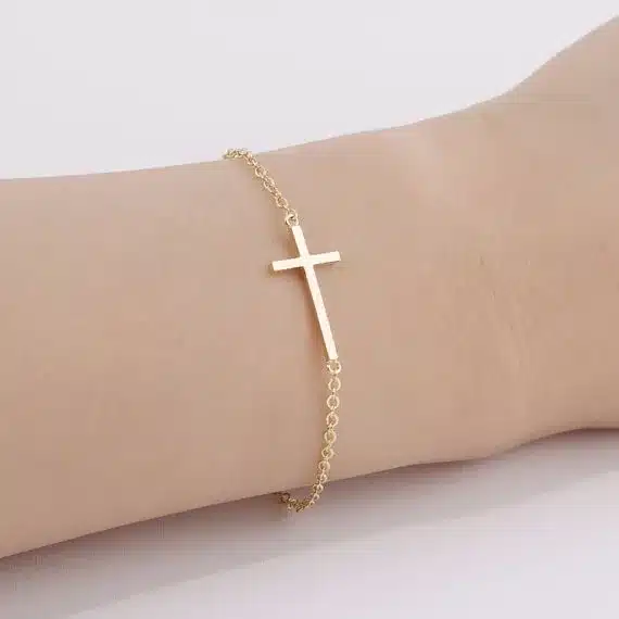 Jesus Christian Womens Mens Horizontal Sideways Cross Bracelets Silver Religious Trendy Stainless Steel Chain Bracelet Lucky 32