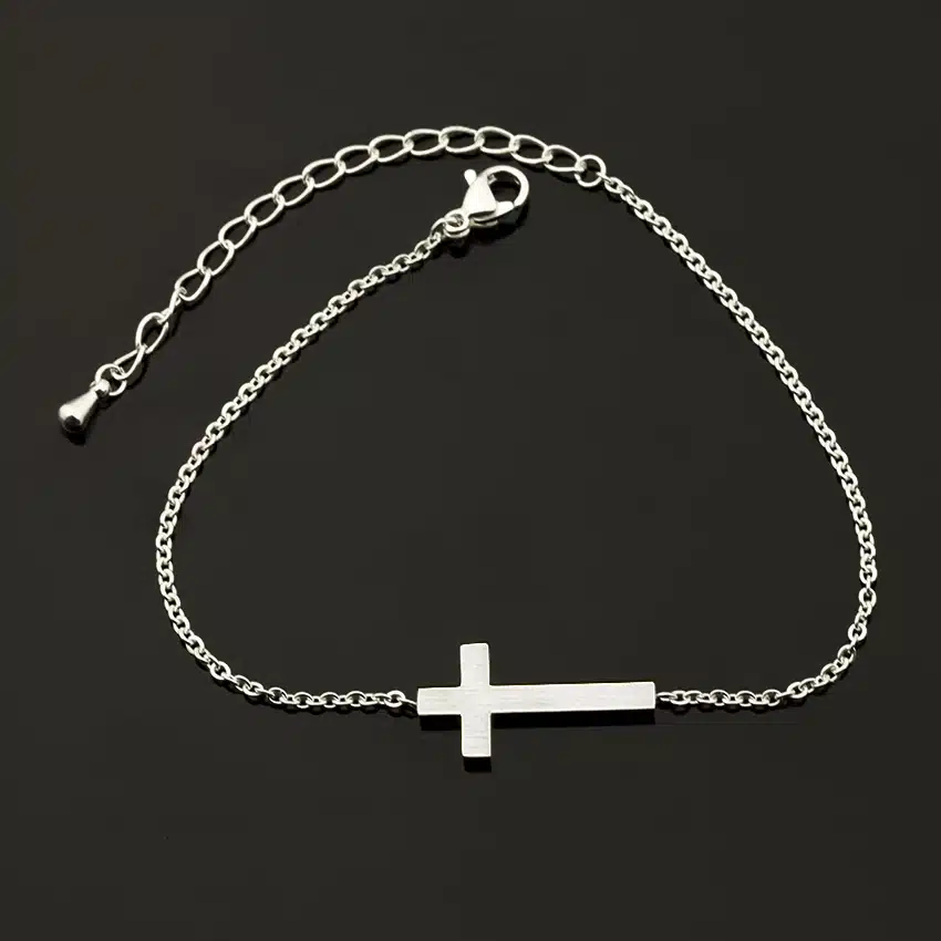 Jesus Christian Womens Mens Horizontal Sideways Cross Bracelets Silver Religious Trendy Stainless Steel Chain Bracelet Lucky 34