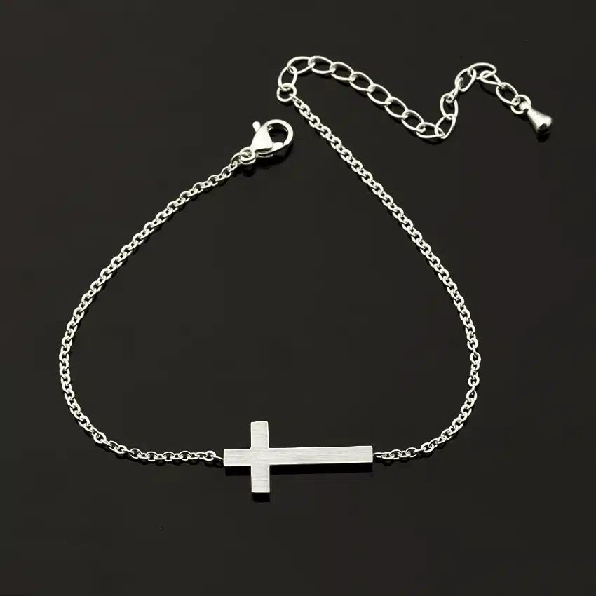 Jesus Christian Womens Mens Horizontal Sideways Cross Bracelets Silver Religious Trendy Stainless Steel Chain Bracelet Lucky 36