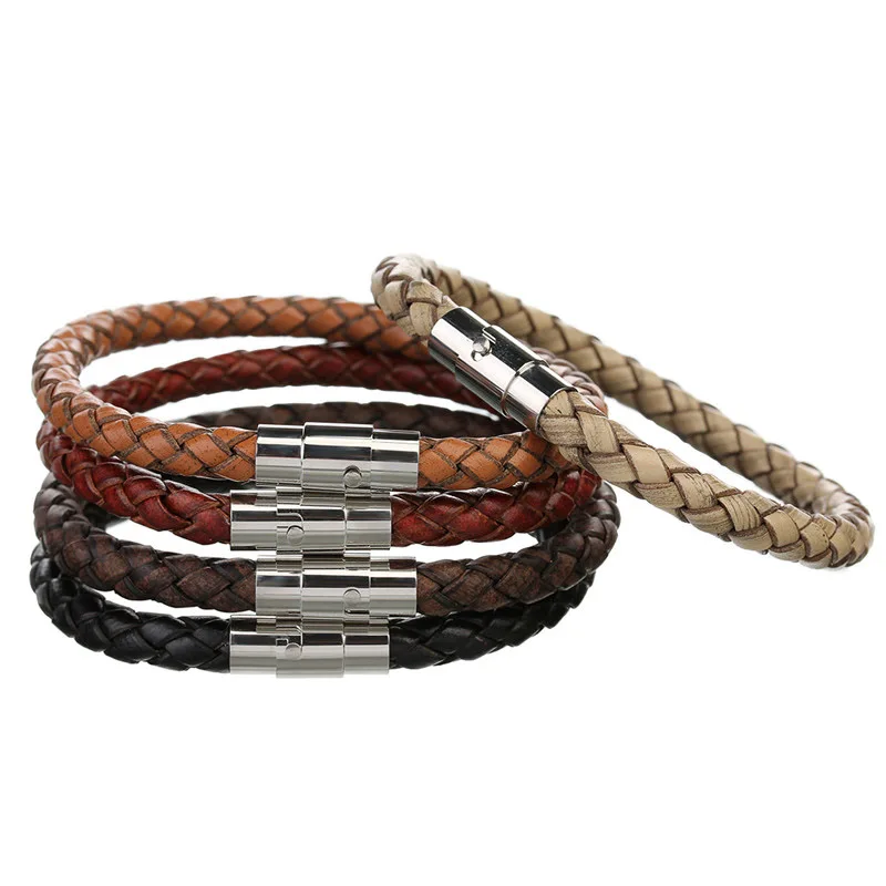 LOULEUR 2017 New 100% Genuine Braided Leather Bracelet Men Women Stainless Steel Magnetic Clasp Male Bracelets Bangles Jewelry 20