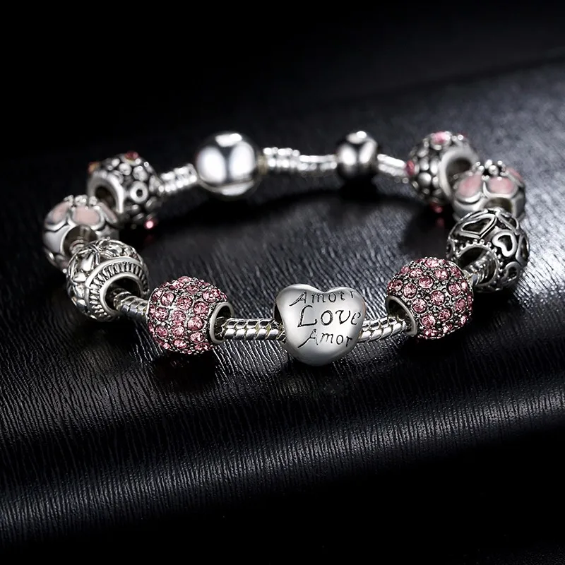 2018 Hot Sale Silver LOVE FOREVER Amor Amour Charm Bracelet for Women DIY Jewelry Original Beads Bracelets Gift XCH1455 16