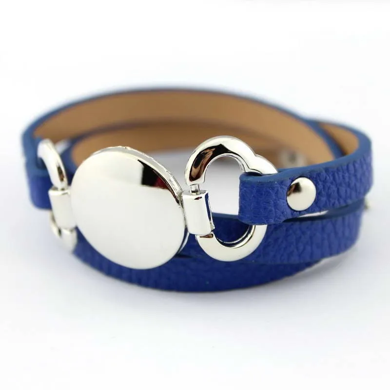 2017 Newest Trendy Leather Warp Silver Monogram Bracelet for Women Silver Blank Disc Multilayer Cuff Bracelets & Bangles 18