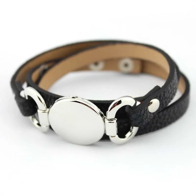 2017 Newest Trendy Leather Warp Silver Monogram Bracelet for Women Silver Blank Disc Multilayer Cuff Bracelets & Bangles 21