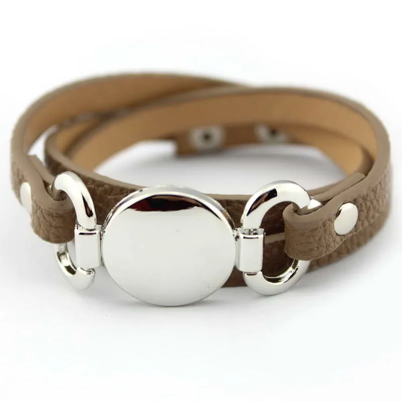 2017 Newest Trendy Leather Warp Silver Monogram Bracelet for Women Silver Blank Disc Multilayer Cuff Bracelets & Bangles 24