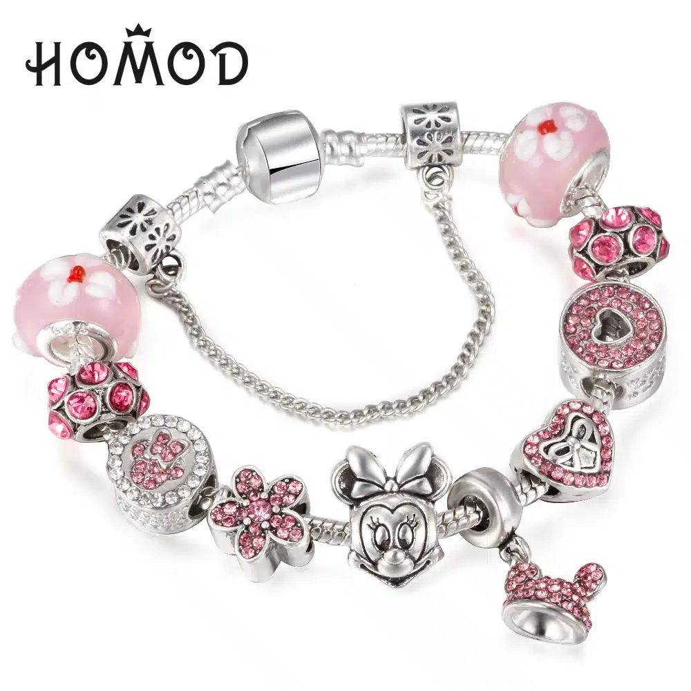 HOMOD Handmade DIY Murano Glass Beads Mickey Charm Bracelet Women Fit Snake Chain Bracelet Female Jewelry 9