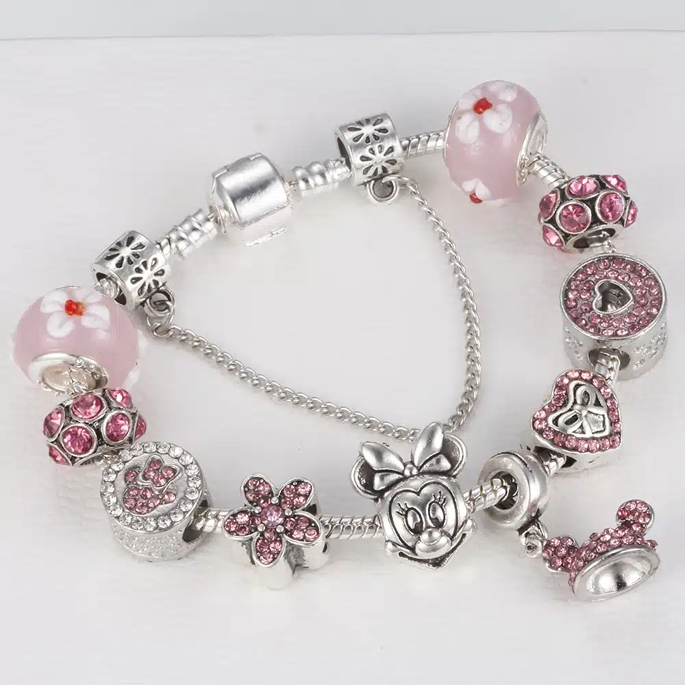 HOMOD Handmade DIY Murano Glass Beads Mickey Charm Bracelet Women Fit Snake Chain Bracelet Female Jewelry 11