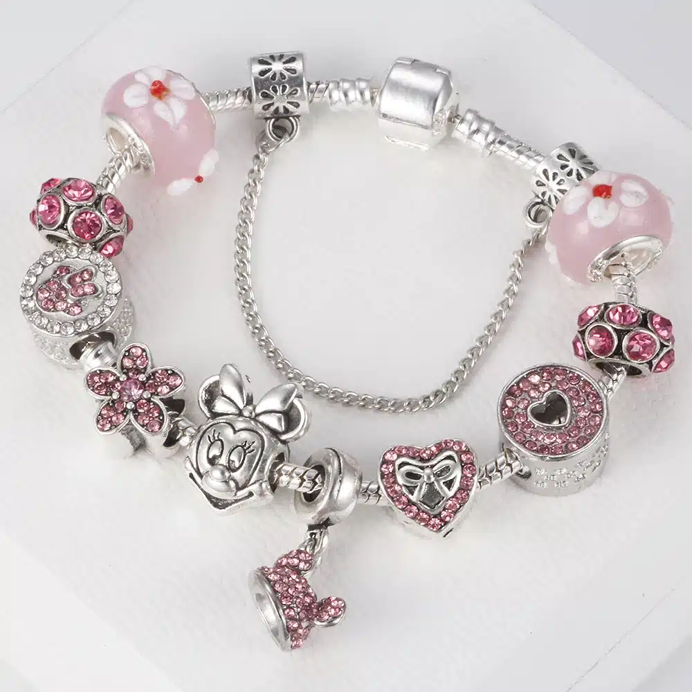 HOMOD Handmade DIY Murano Glass Beads Mickey Charm Bracelet Women Fit Snake Chain Bracelet Female Jewelry 12