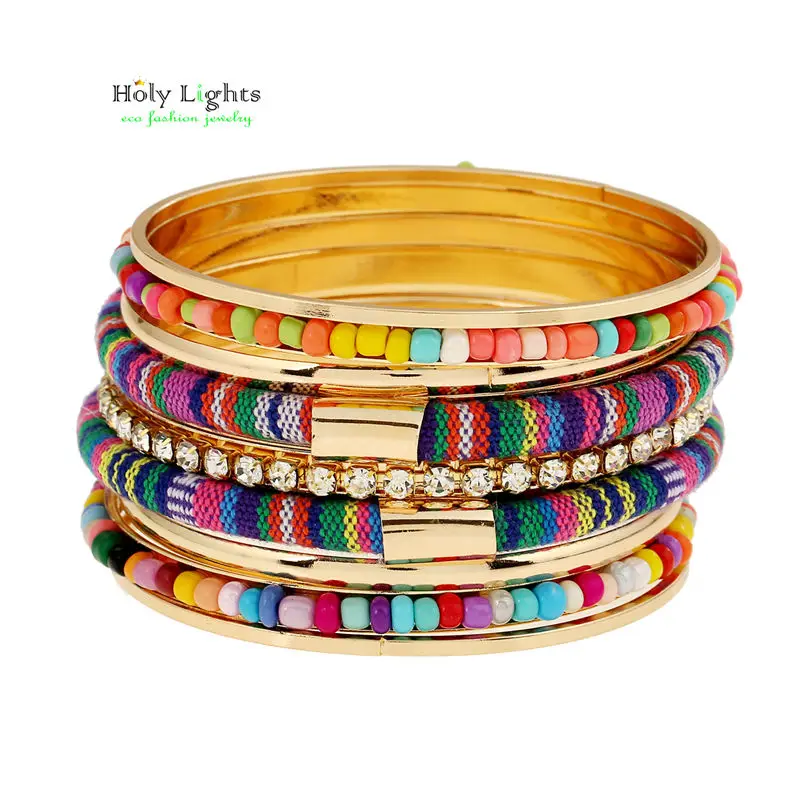 2017 women boho charms bracelet&bangles colorful bohemia arm cuff big Gold-color tribal ethnic bangle set tassel pulseiras hot 13