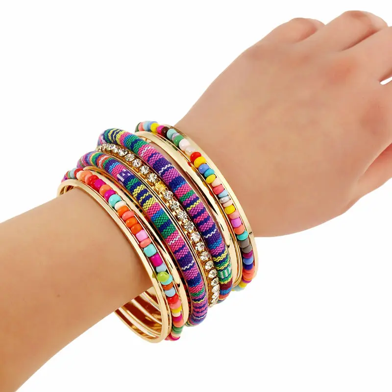 2017 women boho charms bracelet&bangles colorful bohemia arm cuff big Gold-color tribal ethnic bangle set tassel pulseiras hot 14