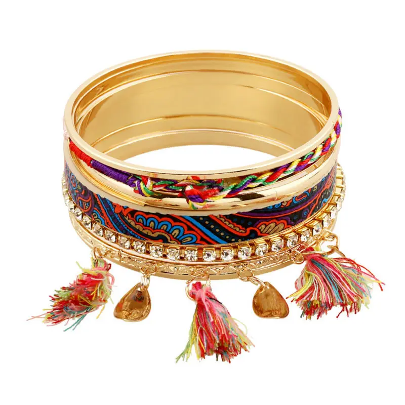 2017 women boho charms bracelet&bangles colorful bohemia arm cuff big Gold-color tribal ethnic bangle set tassel pulseiras hot 15
