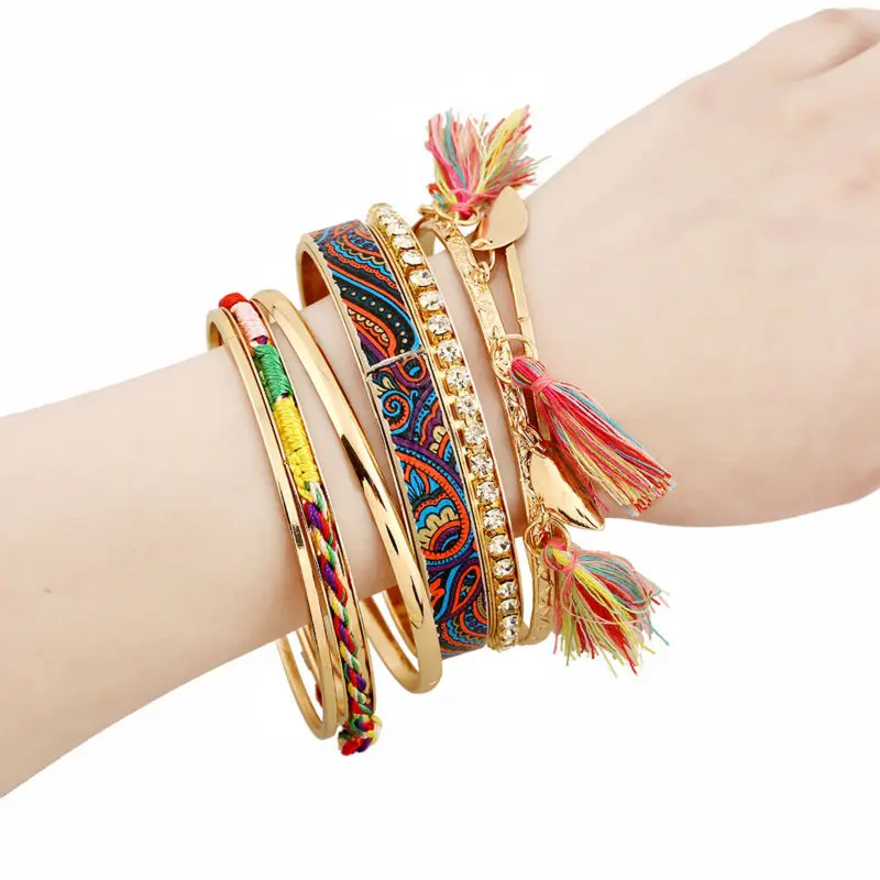 2017 women boho charms bracelet&bangles colorful bohemia arm cuff big Gold-color tribal ethnic bangle set tassel pulseiras hot 16
