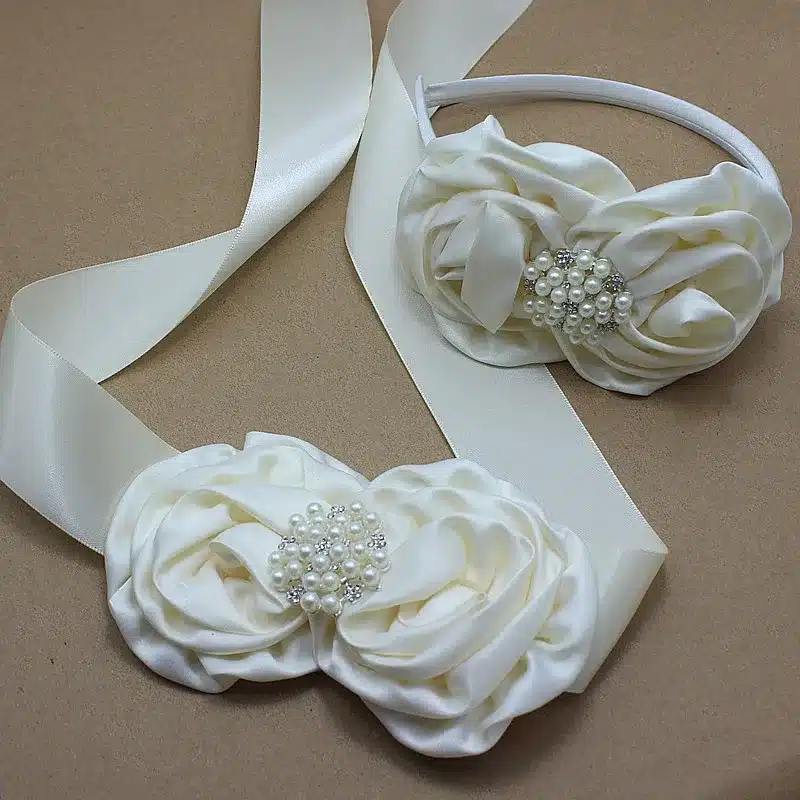 Ivory satin rose Flower Sash and headband with pearl wedding Bridal rosette Belt Dress gown sash girl dress hair accessories 9
