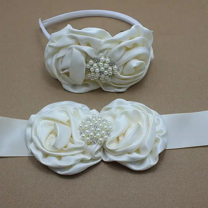 Ivory satin rose Flower Sash and headband with pearl wedding Bridal rosette Belt Dress gown sash girl dress hair accessories 10