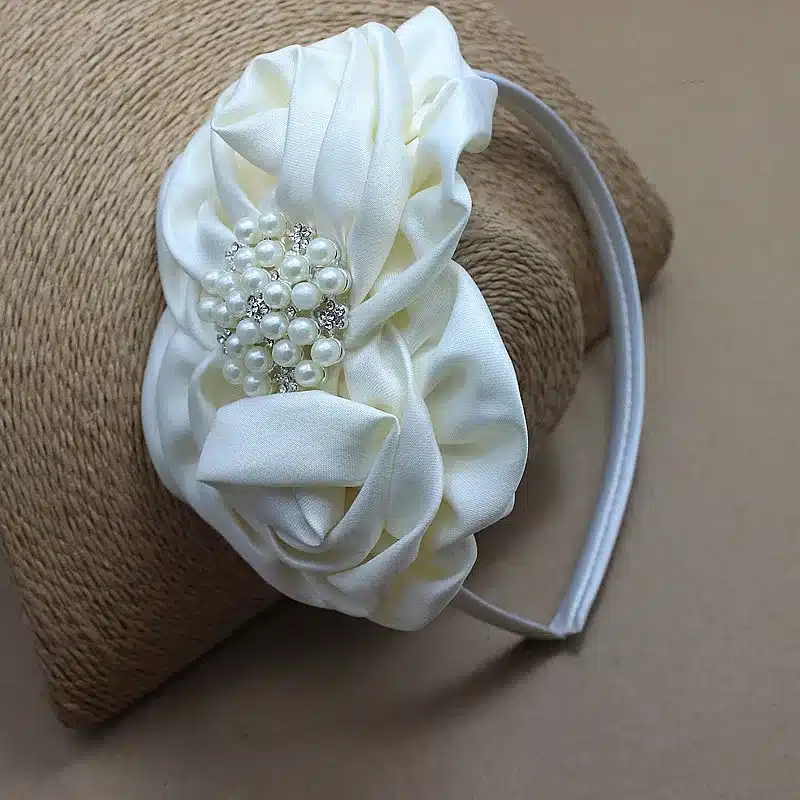 Ivory satin rose Flower Sash and headband with pearl wedding Bridal rosette Belt Dress gown sash girl dress hair accessories 12