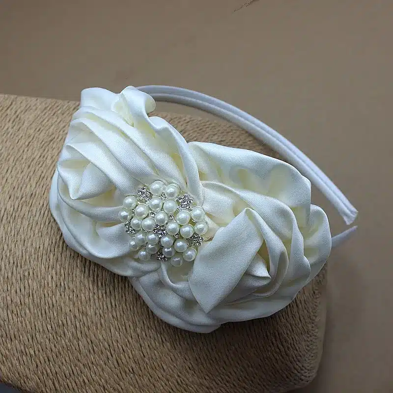 Ivory satin rose Flower Sash and headband with pearl wedding Bridal rosette Belt Dress gown sash girl dress hair accessories 13