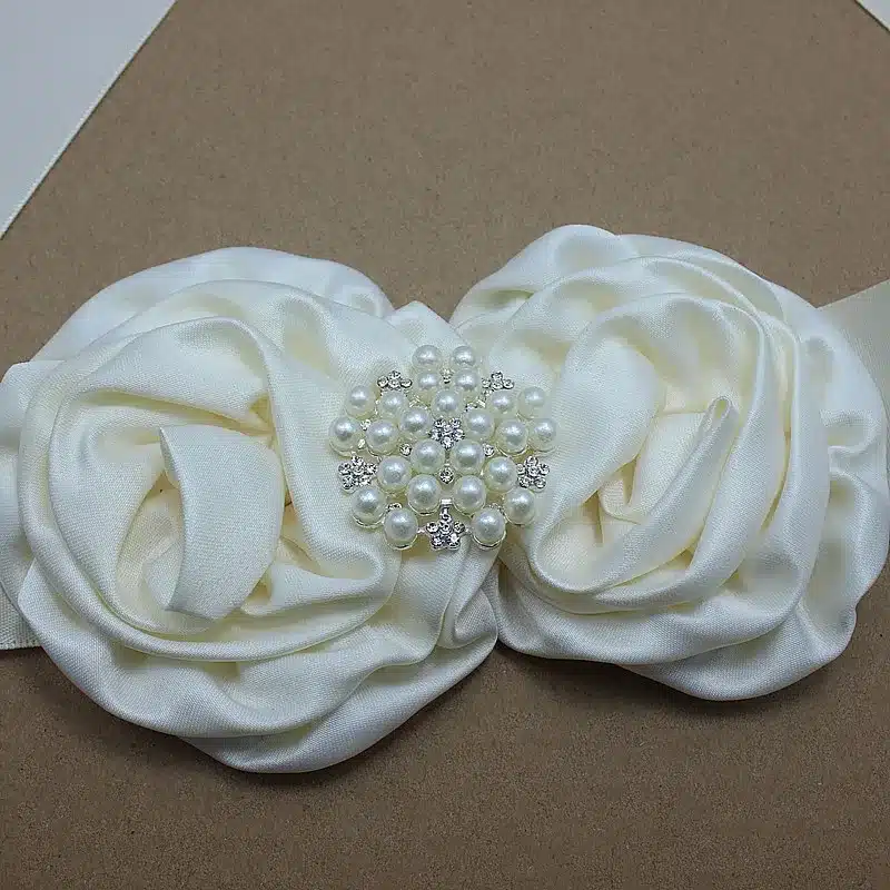 Ivory satin rose Flower Sash and headband with pearl wedding Bridal rosette Belt Dress gown sash girl dress hair accessories 14