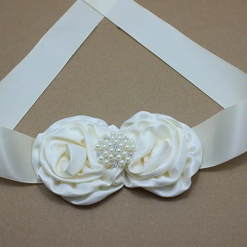 Ivory satin rose Flower Sash and headband with pearl wedding Bridal rosette Belt Dress gown sash girl dress hair accessories 15