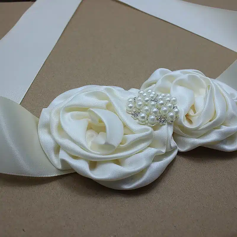 Ivory satin rose Flower Sash and headband with pearl wedding Bridal rosette Belt Dress gown sash girl dress hair accessories 16