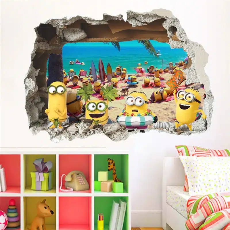 3D Wall Sticker Cute Yellow Boy On Holiday Smashed Window Baby Kids Room Bedroom Decoraton Vinyl Decals Art Mural Poster 2