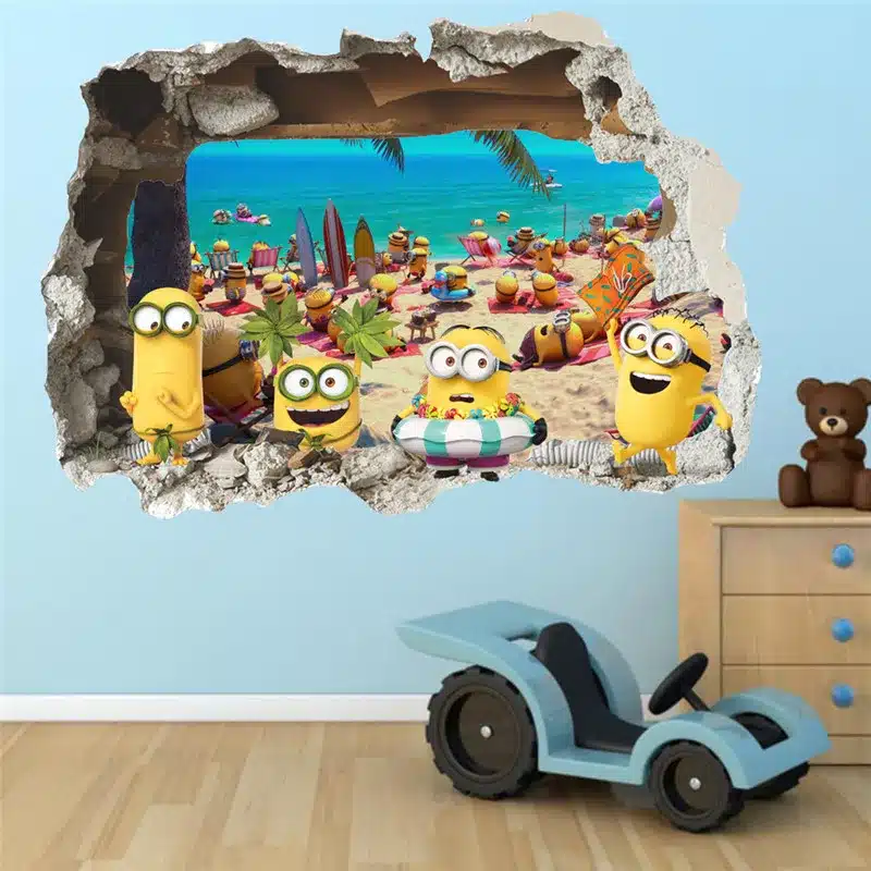 3D Wall Sticker Cute Yellow Boy On Holiday Smashed Window Baby Kids Room Bedroom Decoraton Vinyl Decals Art Mural Poster 3