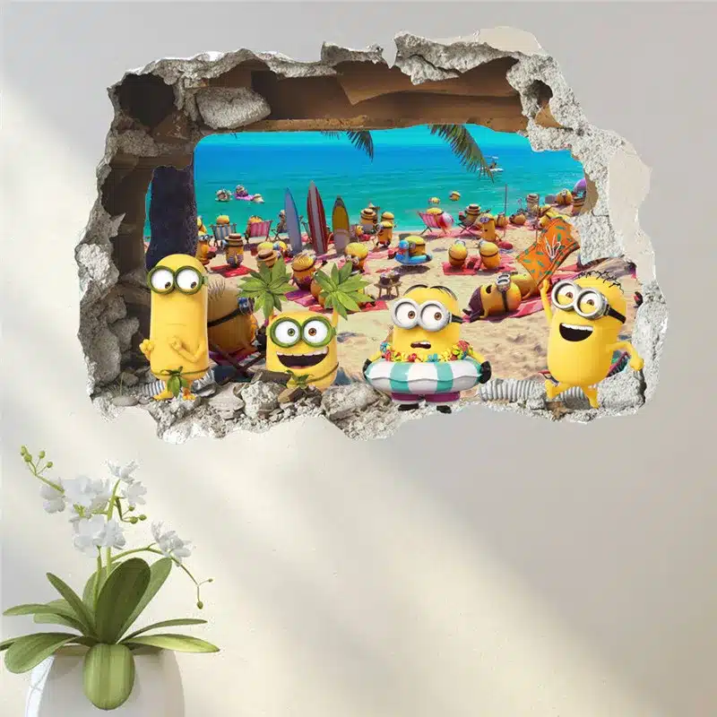3D Wall Sticker Cute Yellow Boy On Holiday Smashed Window Baby Kids Room Bedroom Decoraton Vinyl Decals Art Mural Poster 4