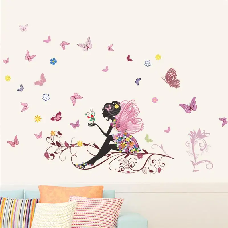 Beautiful Girl Butterfly Flower Art Wall Sticker For Home Decor DIY Personality Mural Child Room Nursery Decoration Print Poster 2