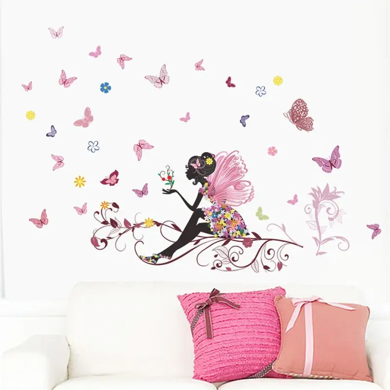 Beautiful Girl Butterfly Flower Art Wall Sticker For Home Decor DIY Personality Mural Child Room Nursery Decoration Print Poster 3