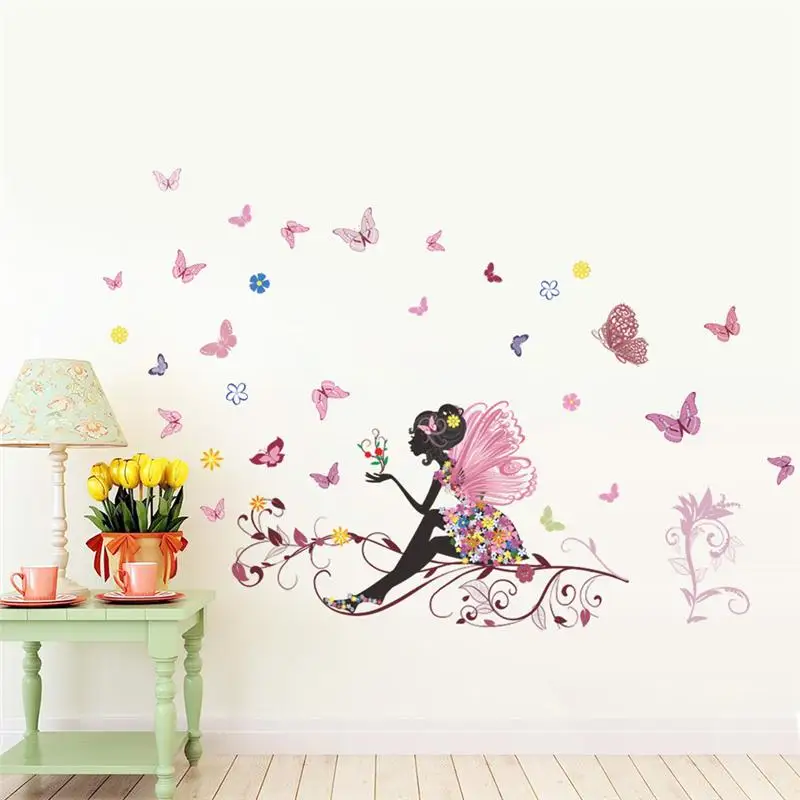Beautiful Girl Butterfly Flower Art Wall Sticker For Home Decor DIY Personality Mural Child Room Nursery Decoration Print Poster 4