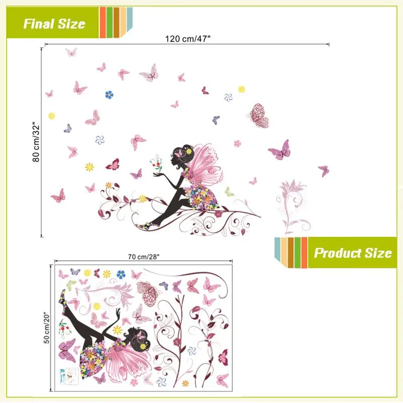 Beautiful Girl Butterfly Flower Art Wall Sticker For Home Decor DIY Personality Mural Child Room Nursery Decoration Print Poster 5