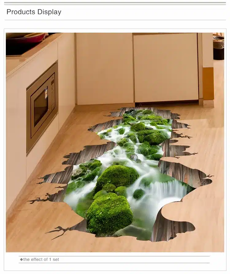 [SHIJUEHEZI] 3D Creek Floor Stickers PVC Material Green Stream Decals for Kids Room Living Room Kitchen Decoration 3