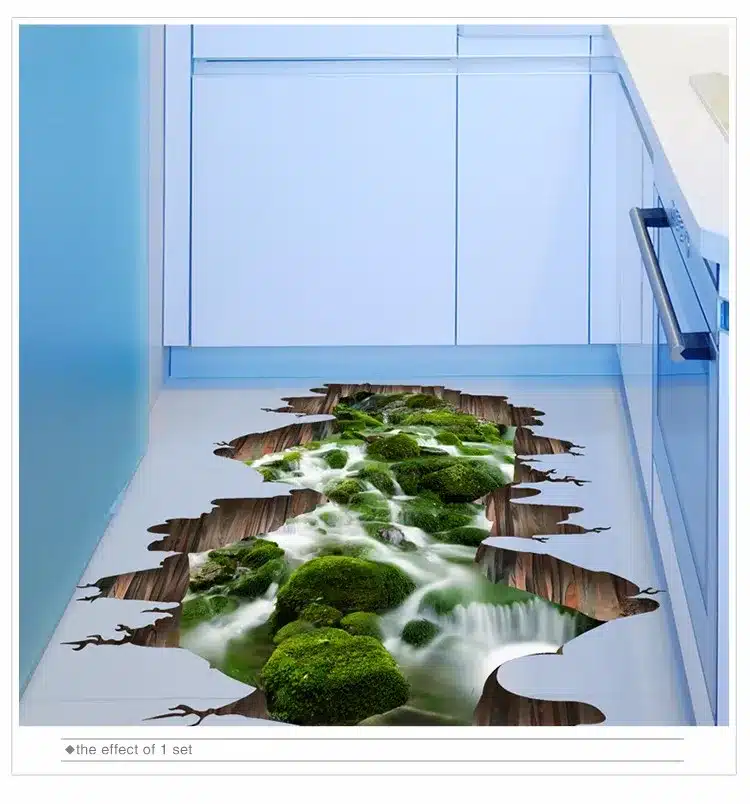 [SHIJUEHEZI] 3D Creek Floor Stickers PVC Material Green Stream Decals for Kids Room Living Room Kitchen Decoration 6