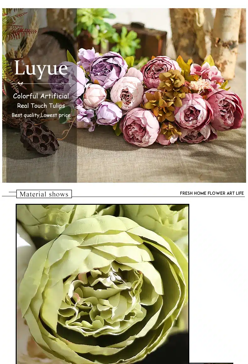 Luyue flowers artificial flowers Vintage European Peony Wedding Silk Artificial Flowers Home Festival Decoration 13 Branches 10