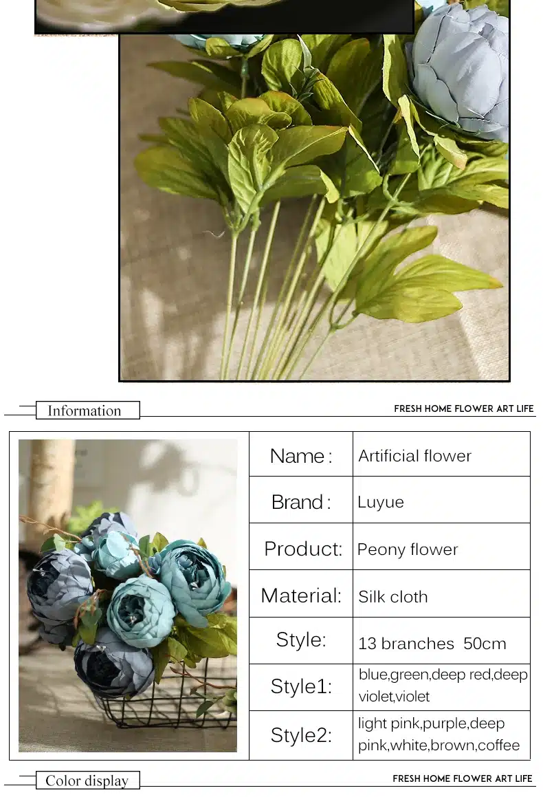 Luyue flowers artificial flowers Vintage European Peony Wedding Silk Artificial Flowers Home Festival Decoration 13 Branches 11