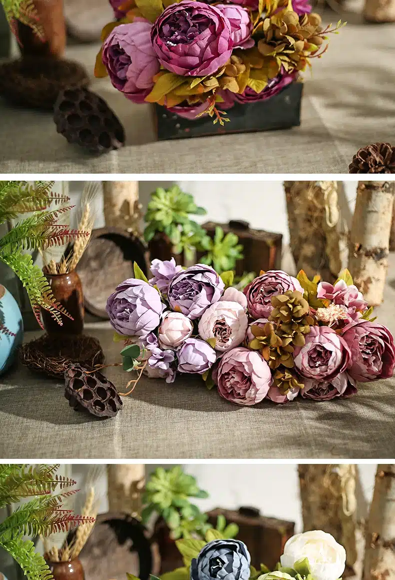 Luyue flowers artificial flowers Vintage European Peony Wedding Silk Artificial Flowers Home Festival Decoration 13 Branches 17