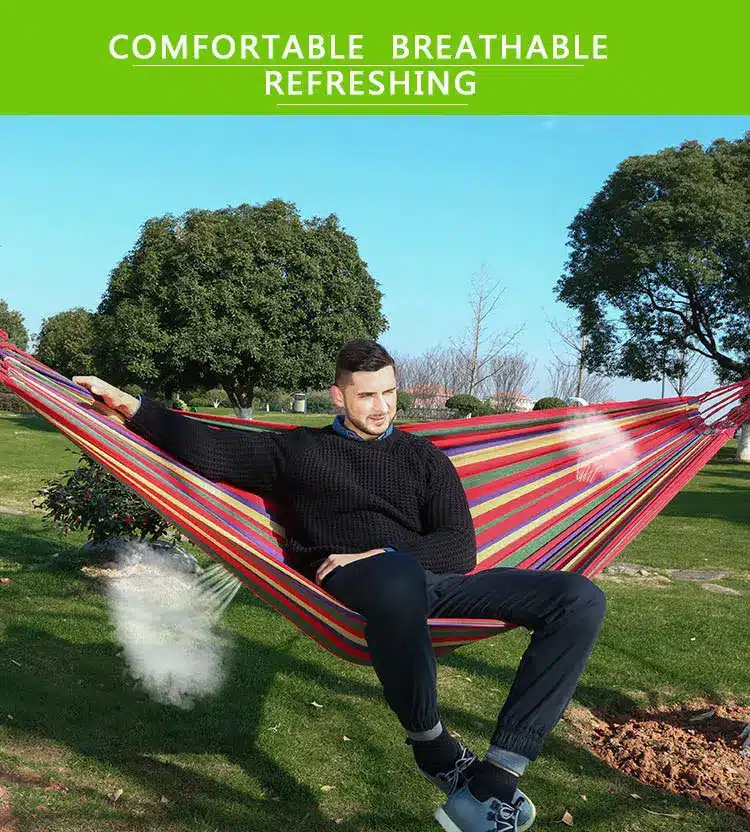 250*150cm 2 People Outdoor Canvas Camping Hammock Bend Wood Stick steady Hamak Garden Swing Hanging Chair Hangmat Blue Red 9