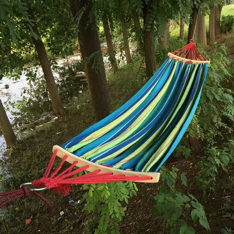 250*150cm 2 People Outdoor Canvas Camping Hammock Bend Wood Stick steady Hamak Garden Swing Hanging Chair Hangmat Blue Red 17