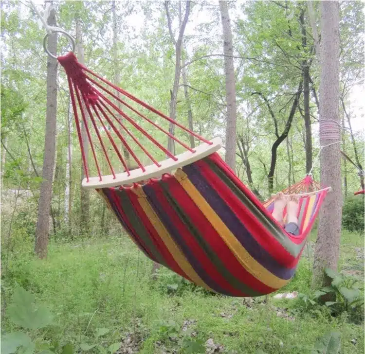 250*150cm 2 People Outdoor Canvas Camping Hammock Bend Wood Stick steady Hamak Garden Swing Hanging Chair Hangmat Blue Red 23
