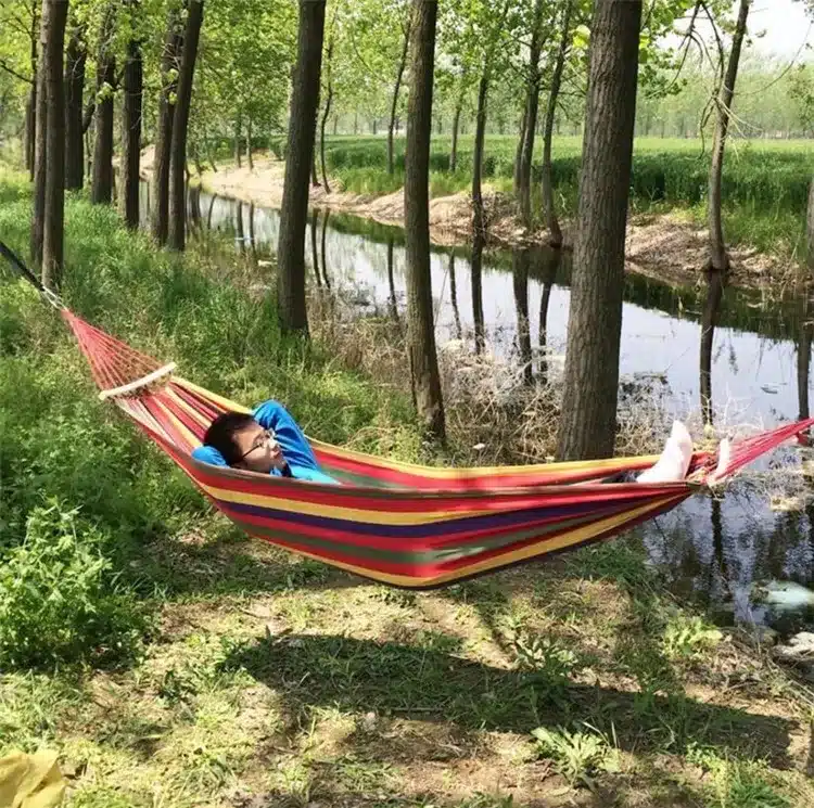 250*150cm 2 People Outdoor Canvas Camping Hammock Bend Wood Stick steady Hamak Garden Swing Hanging Chair Hangmat Blue Red 24