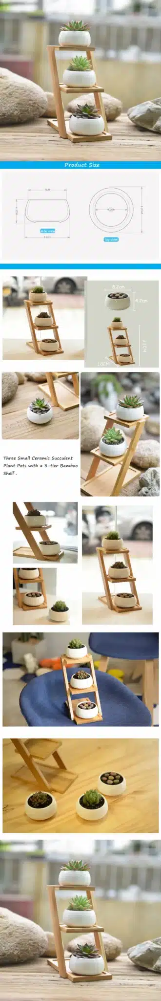 1 Set Modern Minimalist White Ceramic Flowerpot Succulent Plant Pot 3 Bonsai Planters with 3-Tier Bamboo Shelf Home Garden Decor 9