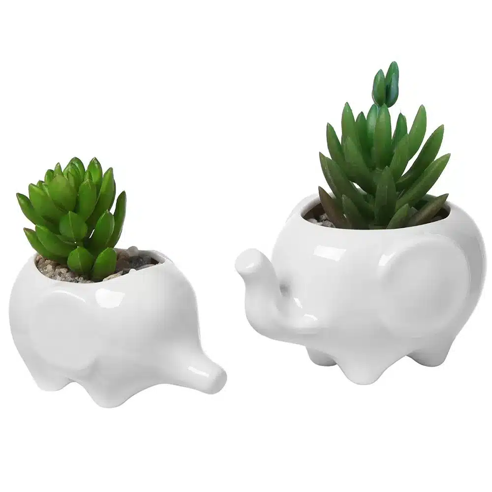 Set of 2 Cute Elephant White Ceramic Flower Pot with Tray for Succulents Cactus Plants Mini Pot Planter Home Garden Decoration 1