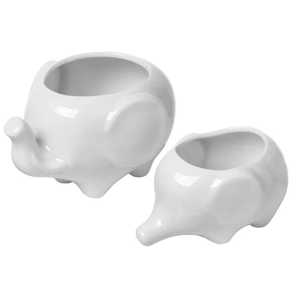 Set of 2 Cute Elephant White Ceramic Flower Pot with Tray for Succulents Cactus Plants Mini Pot Planter Home Garden Decoration 2