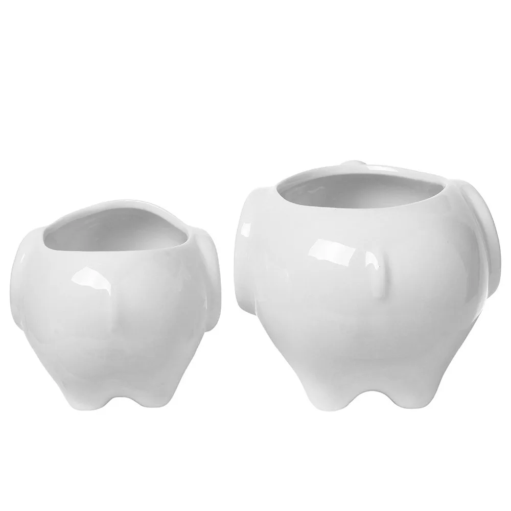 Set of 2 Cute Elephant White Ceramic Flower Pot with Tray for Succulents Cactus Plants Mini Pot Planter Home Garden Decoration 3